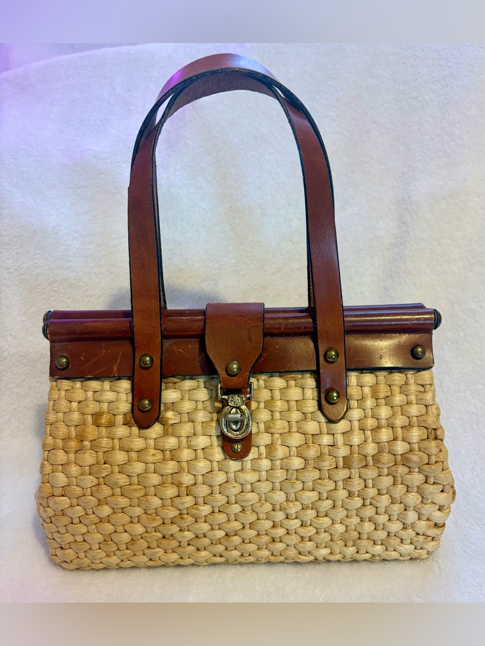John Romain Vintage Woven Wicker and Brown Leather Satchel